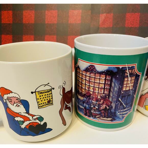 Retro Christmas Mugs 4 Coffee Cocoa Tea Mugs Holiday Traditions Stoneware - Picture 2 of 7